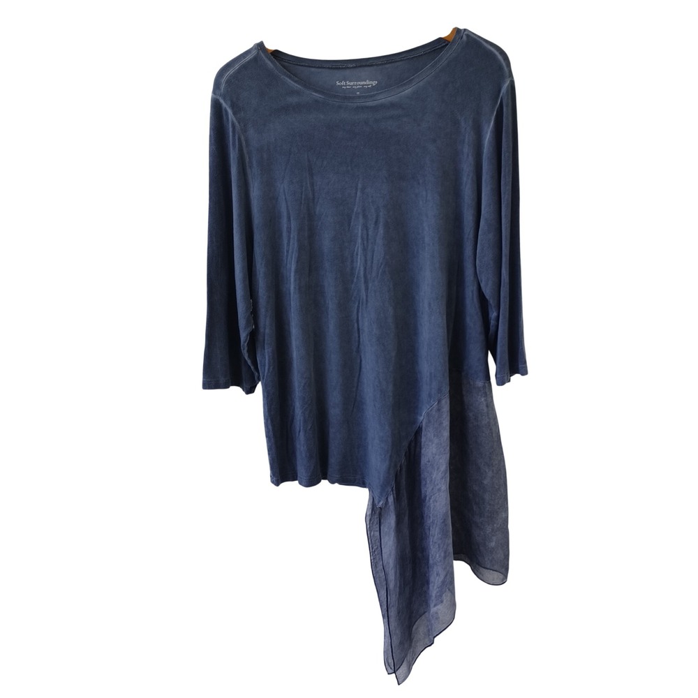 Soft Surroundings Blue Silk Trim Asymmetric Tunic Top 3/4 Sleeve 2X 59919